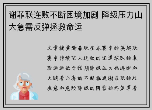 谢菲联连败不断困境加剧 降级压力山大急需反弹拯救命运