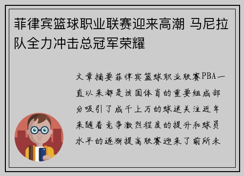 菲律宾篮球职业联赛迎来高潮 马尼拉队全力冲击总冠军荣耀
